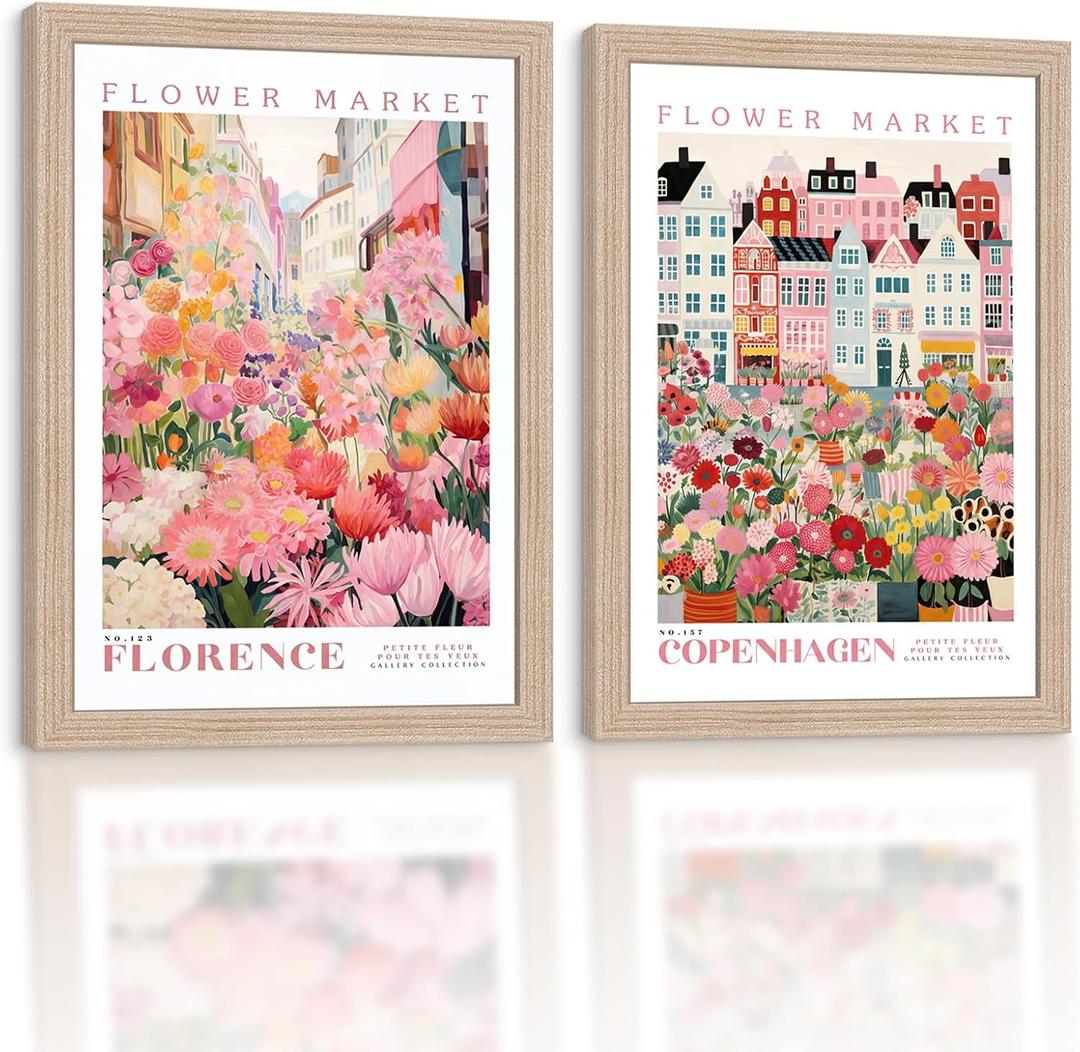 Framed Flower Market Canvas Wall Art 2Pcs Vintage Floral Decor 24x16 Inch