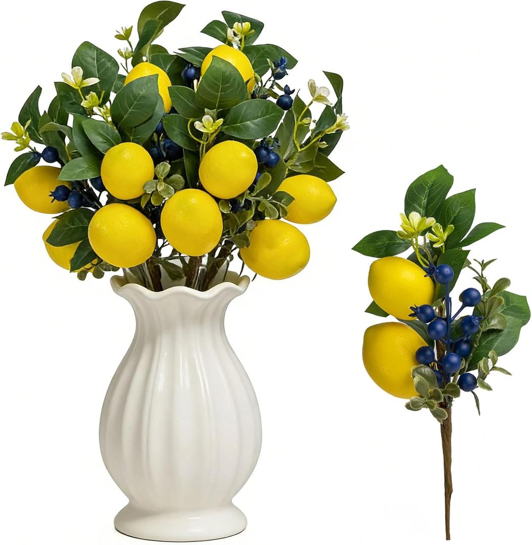 13 Inch Artificial Lemon Branches (6 Pack), Lifelike Faux Fruit Lemon Blueberry Stems for Home Decor Wedding Flower Arrangements Holiday Decorations