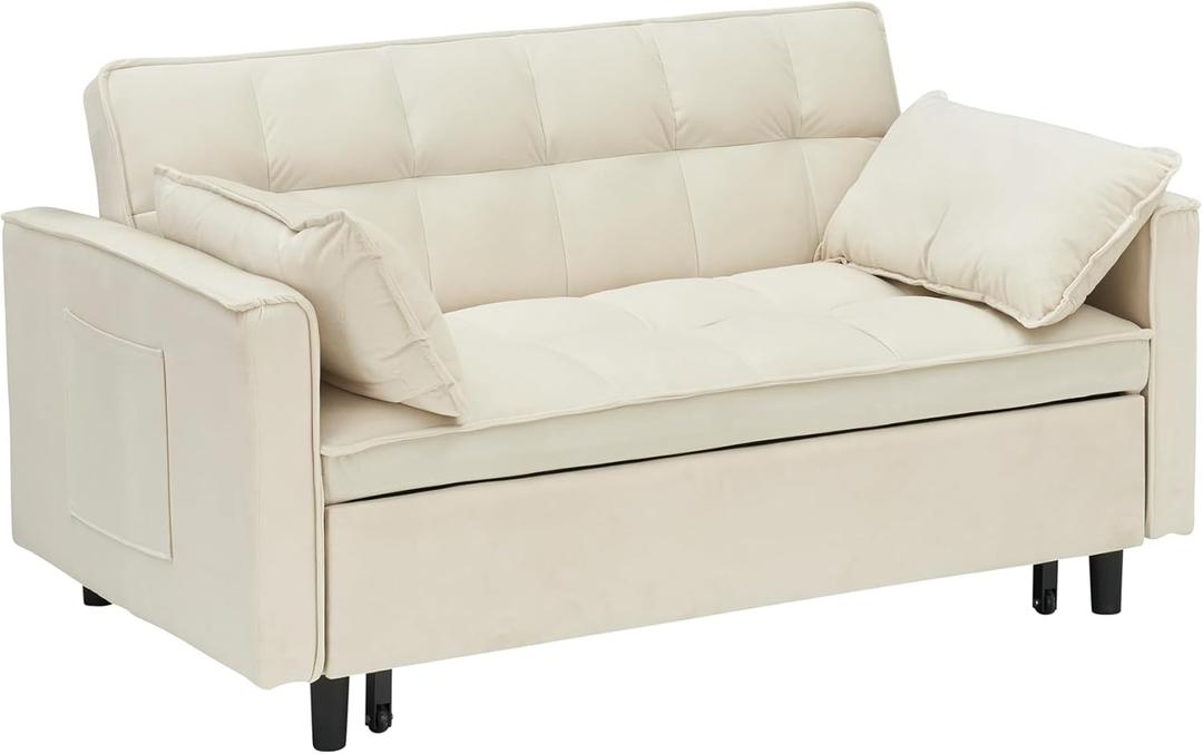 Modern Velvet Sofa Pull-Out Bed 3-in-1 Convertible Small Love Seat with Back and Pillows Beige Fabric Sofa Bed for Living Room Guest Room Apartment 55x33x32