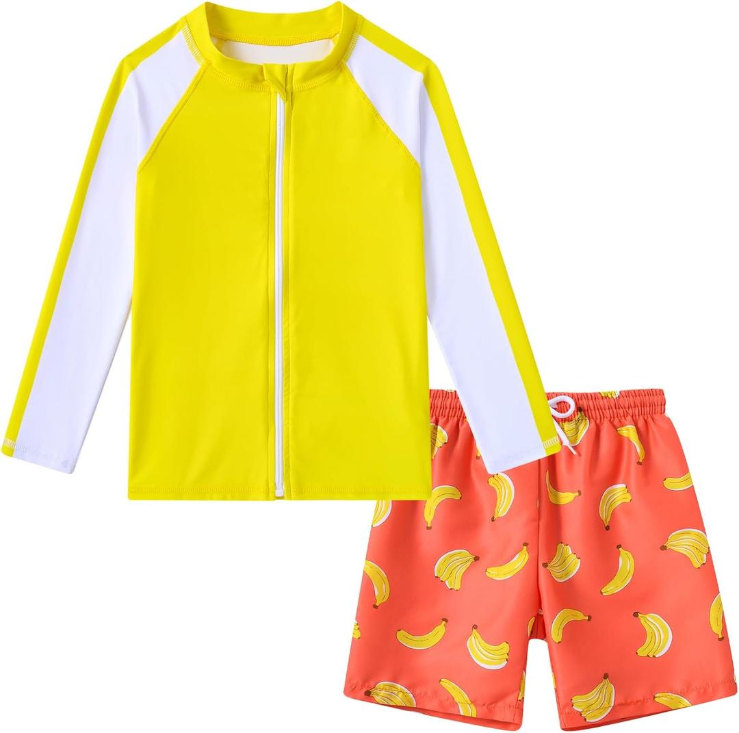 Boys Two Piece Swim Set Zipper Rash Guard Swimsuits Long Sleeve Bathing Suit for 4-12 Years (Yellow Banana)