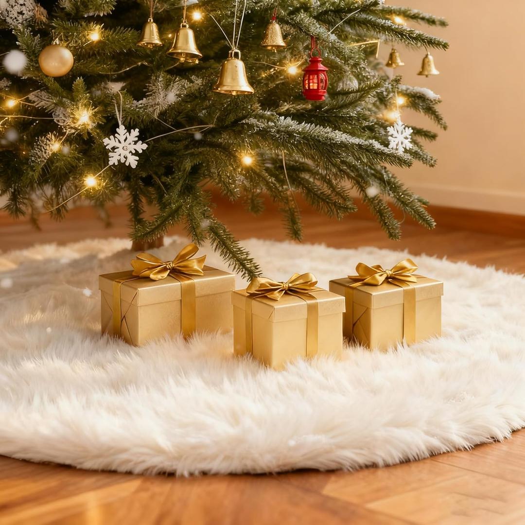 SYITCUN 48 Inch Faux Fur Christmas Tree Skirt, Extra Large Fluffy Xmas Tree Skirt for 4 to 7 FT Christmas Trees, Thicker Plush Christmas Decorations