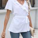 CiCiBird Women Dressy Casual Shirt Ruffle Wrap V Neck Tops Tie Waist Peplum Business Work Blouse (Blue, L)
