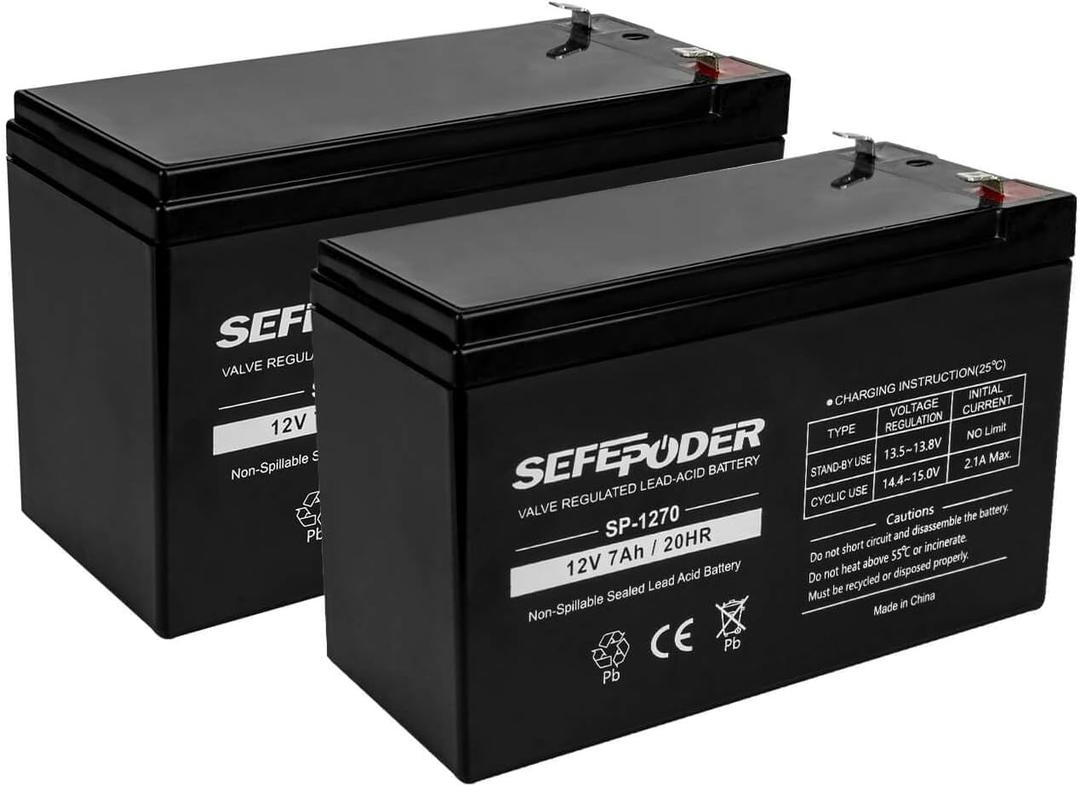 SEFEPODER 12 Volt 7ah Rechargeable Sealed Lead Acid Battery 2 Pack (F1 Terminals)