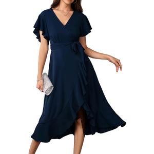 Womens Wedding Guest Midi Dress Flutter Sleeve V Neck Wrap High Low Bridesmaid Cocktail Formal Dresses for Women (Large)