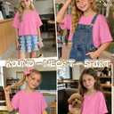 LessonZoo Girls' Crop Tops Oversized Summer Short Sleeve Crew Neck Shirts Drop Shoulder Rolled Cuffs Kids Cute Trendy Tee(Peach Pink,7-8 Years)
