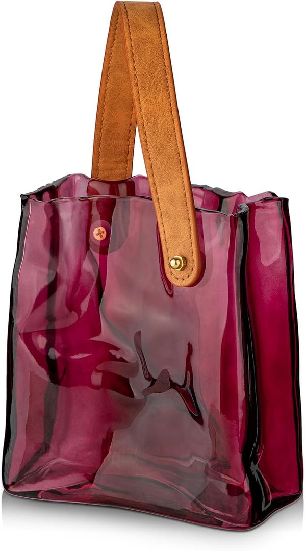 Glass Purse Vase for Flowers Brownish Purple Vases for Centerpieces Glass Bag Vase with Leather Handle Small Bag Vases for Decor Decorative Fish Bowl for Home Wedding Decor (Dark Red)