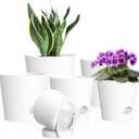 7/ 6.5/ 6/ 5.5/ 5/ 4 inch Self Watering Pots for Indoor Outdoor Plants, 6 Pack Plastic Flower Planters with Drainage Holes and Removable Saucers, Plant Pots with Wicking Rope, Modern Decor, White