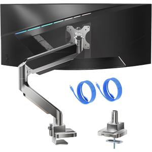 WALI Ultrawide Monitor Arm for 13 to 49 Inch Heavy Duty Curved Screens, Adjustable Gas Spring Single Monitor Desk Mount with 2 USB 3.0 Ports, Holds 33 lbs, 75x75/100x100 VESA, Silver (GSMU001)