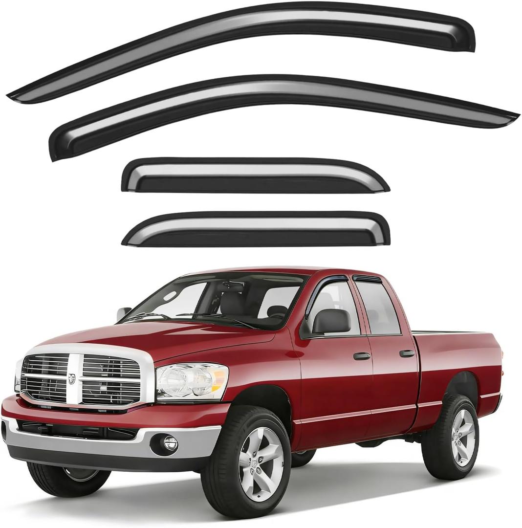 Window Rain Guards Fit for 2002-2008 Dodge Ram 1500 Quad Cab/Extended Cab | Outside-Mount | Window Visors | Wind Deflector for 03-09 Dodge Ram 2500 3500 Extended Cab | Dark Smoke Vent Shades