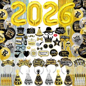 HOWAF 77pcs Glitter New Year Eves Party Supplies 2026, New Years Hats Happy New Year Headband Photo Booth Props Tinsel Backdrop Noisemaker 2026 Balloons for New Years Decorations NYE Decorations 2026