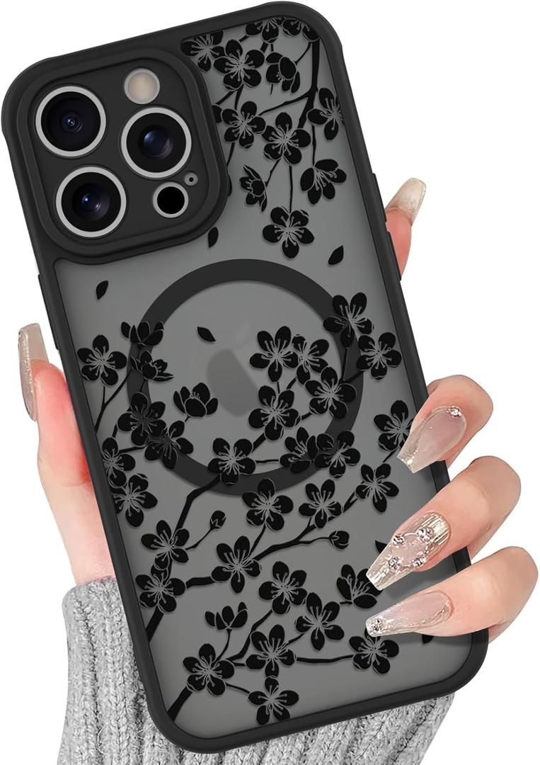 BITOBE Floral Case for iPhone 14 Pro Max [Compatible with MagSafe] Cute Flower Pattern Case for Women Girls Soft TPU Bumper Translucent Magnetic Slim Protective Cover - Black Flowers