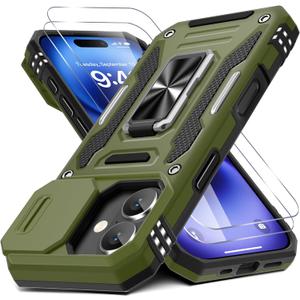 DEERLAMN Case for iPhone 17 6.3-Inch with Slide Camera Cover + Screen Protector (2 Packs), Rotated Ring Kickstand Military Grade Shockproof Protective Cover-Olive Green