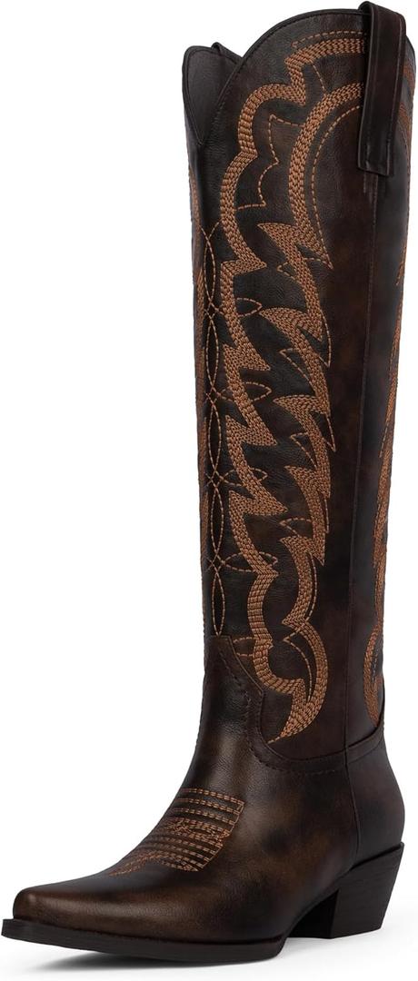 Modatope Cowboy Boots for Women Knee High Chunky Heel Butterfly Cowgirl Boots Wide Calf Pointed Toe Chunky Heel Fashion Western Boot (8)