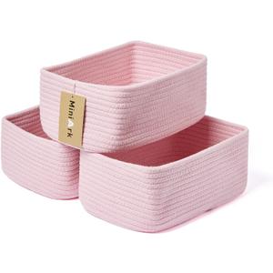 Small Storage Baskets for Organizing | Closet Organizer Bins | Shelf Toy Basket | Woven Rope Baskets | Cube Decorative Box | Shallow Basket | 11.5x7.5x4.7 | 3 Packs Pink