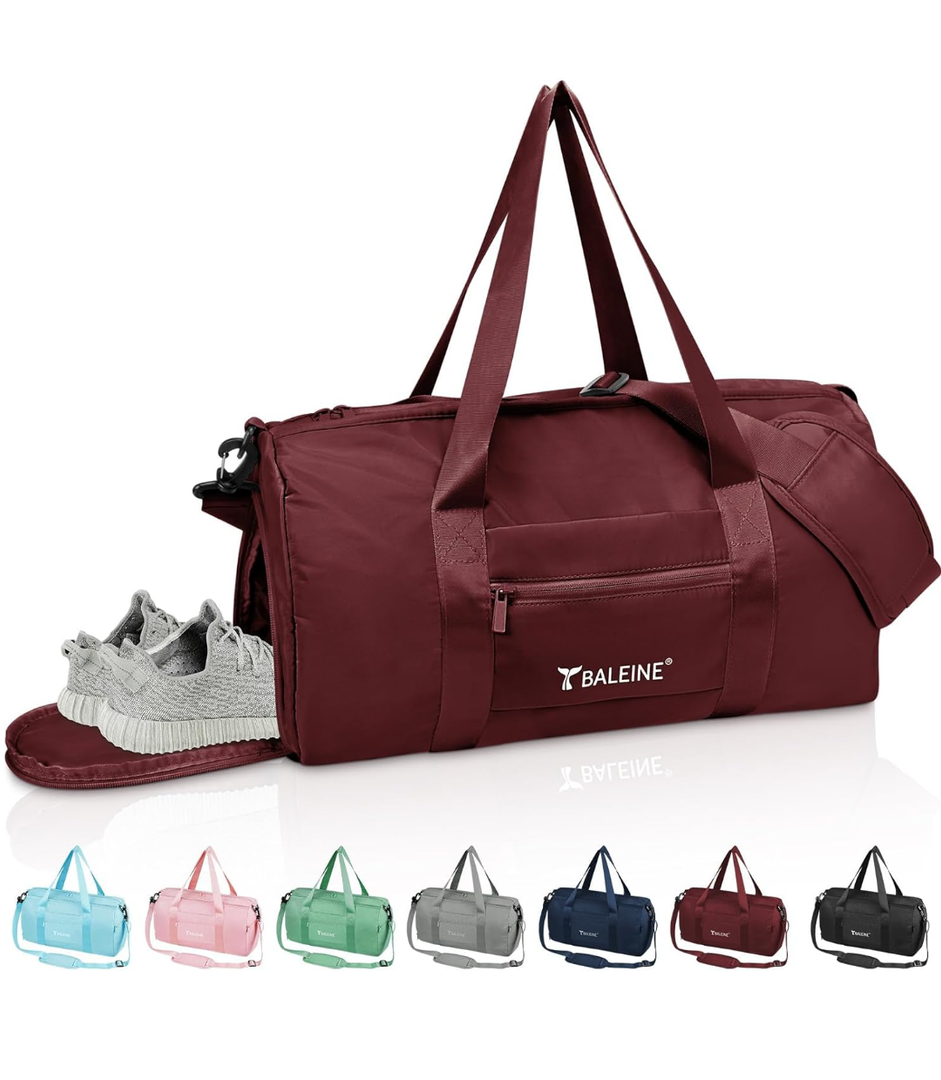 BALEINE Gym Bag for Women and Men, Small Duffel Bag for Sports, Gyms and Weekend Getaway, Waterproof Dufflebag with Shoe and Wet Clothes Compartments, Lightweight Carryon Gymbag (Red)