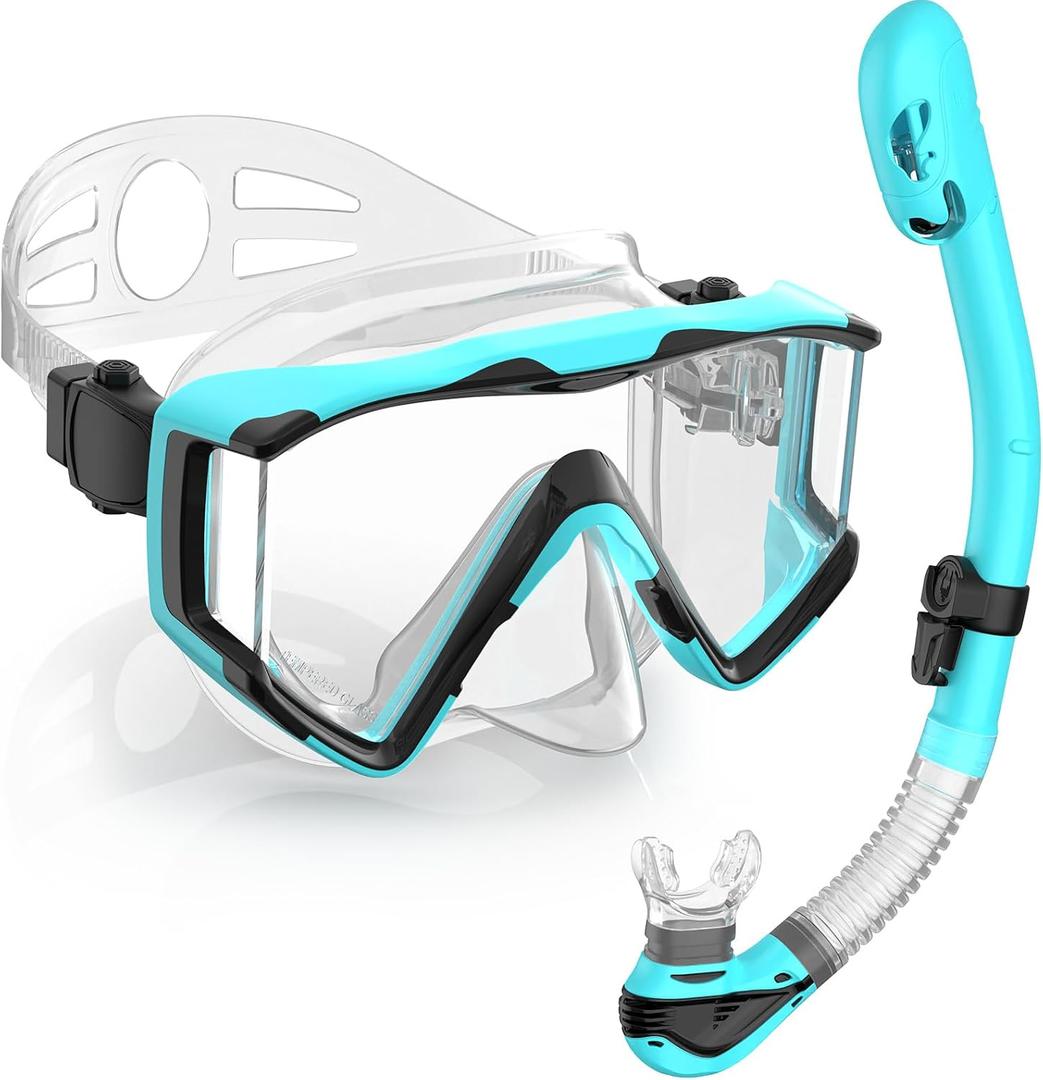 Greatever Snorkel Set Pano 3 Window Snorkel Mask Adult, Panoramic Wide View, Anti-Fog Scuba Diving Mask, Anti-Leak Snorkel Goggles Dry Top Snorkel, Professional Snorkeling Gear for Adults (Green)