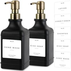 Emerson Essentials Soap Dispenser, Dish Soap Dispenser, Soap Bottle Bathroom Set, Hand Soap Farmhouse Home, Kitchen Soap Dispenser Set - Glass Soap Dispenser with Pump and Labels, 16 Oz, 2 Set (Black | Brass)