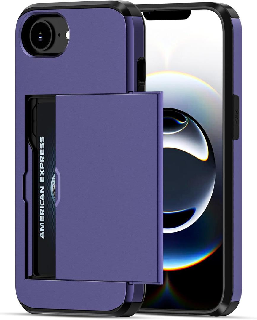 Jiunai for iPhone 16e Case for iPhone 17e Case Card Holder Wallet for 2 Cards Slide Pocket for ID License Access Credit Card Hybrid Protective Phone Case for iPhone 16e 17e 6.1'' Men Women Teen Purple
