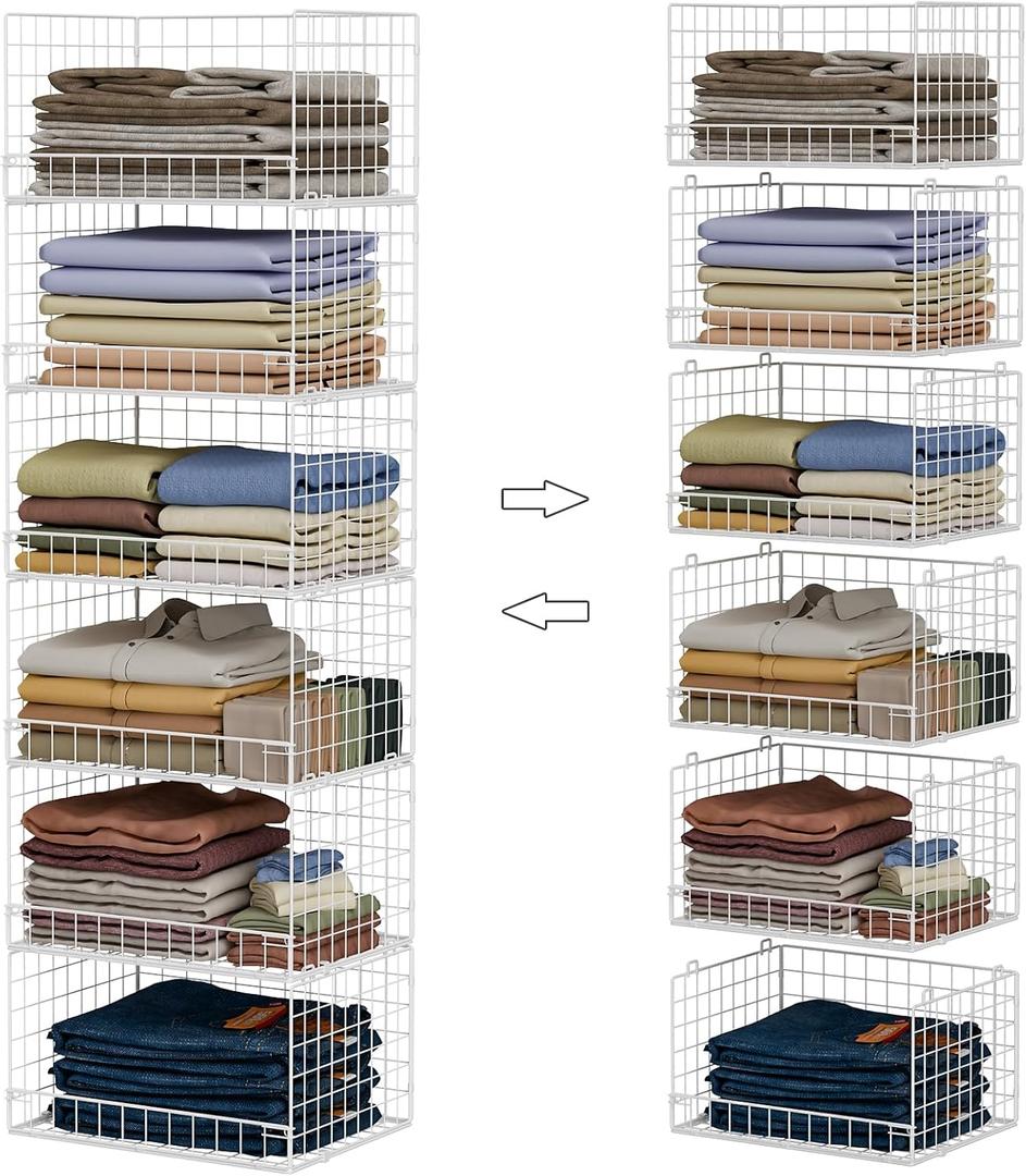 6-Tier Stackable Closet Organizers and Storage Shelves, Closet Shelf Organizer Basket Bins, Foldable Sweater Storage for Clothes Organizer System, WhitePatent Pending