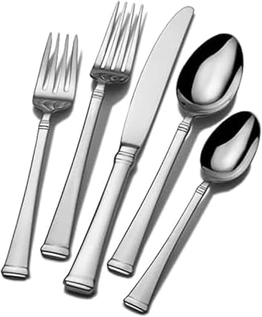 Mikasa Silverware Set For 11, Portola 55-Piece Flatware Set with Serving Utensils, Service For 12, 18/10 Stainless Steel Flatware, Dishwasher Safe, Knives Spoons and Forks (Silver, 55 pieces)