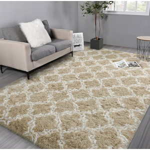 Hutha 8x10 Shag Large Area Rugs for Living Room, Beige and White Modern Super Soft Bedroom Carpet, Moroccan Luxury Geometric Plush Fluffy Rug for Kids Nursery Girls Room Indoor Home Decor