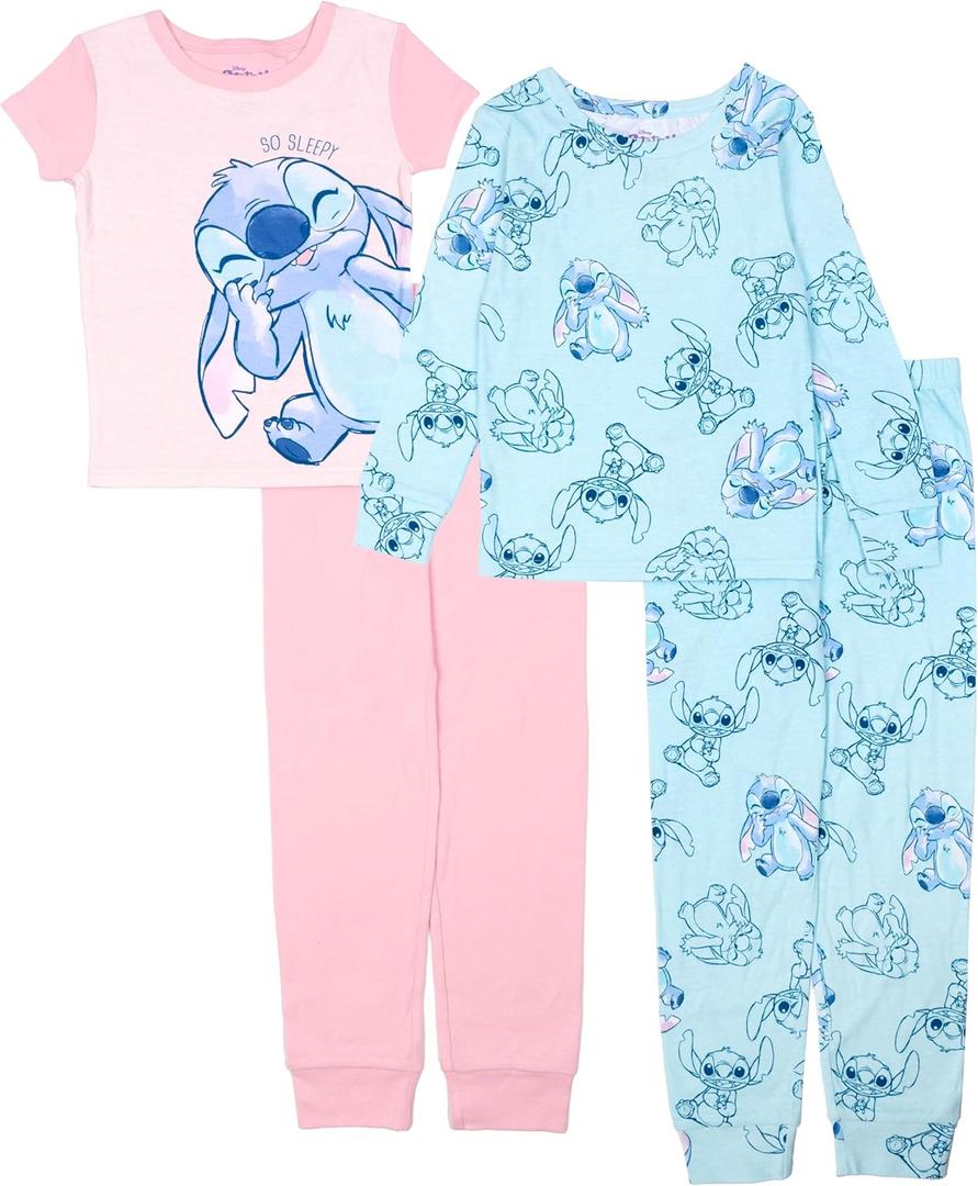 Disney Girls' 4-Piece Snug-fit Cotton Pajama Set, Soft & Cute for Kids (8, Smile Stitch)