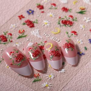 Flower Nail Art Stickers 5D Embossed Red Rose Nail Stickers 3D Self-Adhesive Star Moon Cloud Design Decals Romantic Floral Petal Blossom Nail Art Supplies for Women DIY Nail Decoration
