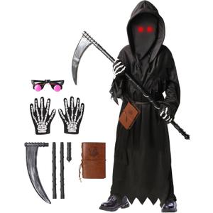 Oskiner Grim Reaper Costume for Kids, Scary Halloween Costume for Boys with Glowing Red Eyes/Scythe/Notebook/Gloves (Large)