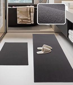 YIHOUSE Bathroom Rug Sets 2 Piece, Ultra Thin Bath Mat Fit Under Door, Quick Dry Absorbent Bath Mat for Bathroom Non Slip Machine Washable Floor Mat (Dark Grey, 2 Piece)