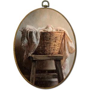 QZQE Vintage Laundry Room Oval Wall Art Decor Framed, Rustic Farmhouse Oval Canvas Prints, Country Laundry Basket Wall Hanging Decor for Bathroom Washroom Restroom, 8.6x11.4 Inch (Colour 15)