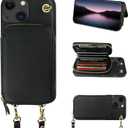 Bocasal Crossbody Wallet Case for iPhone 14 iPhone 13, RFID Blocking Leather Purse Case with Card Holder, Protective Handbag Flip Cover with Zipper Wrist Strap Lanyard for Women 5G 6.1 Inch (Black)