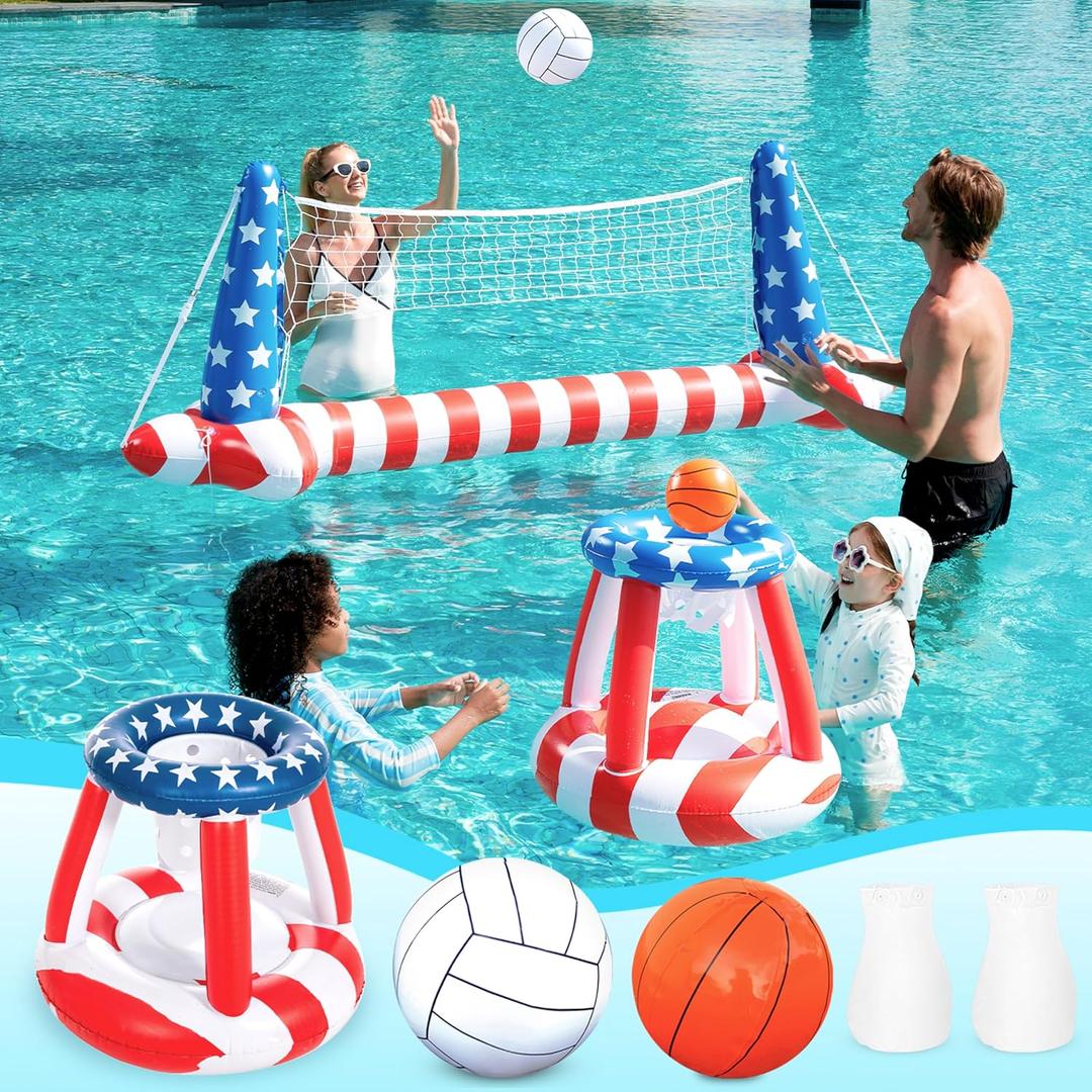 Inflatable Pool Floats Set American Flag Volleyball Net & Basketball Hoops, Swimming Pool Game Toy for Kids and Adults, Floating, Volleyball Court (105x28x38)|Basketball (27.6x23), Red White