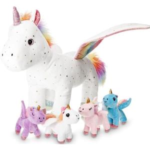 Hollowfly 5 Pcs Fly Unicorns Plush Toy Gift Set 15.7" Mom Unicorns with 4 Cute Babies Stuffed Animal in Zippered Back Nurturing Plushies Toy Set for Kid Adults Birthday Party Favors Gifts