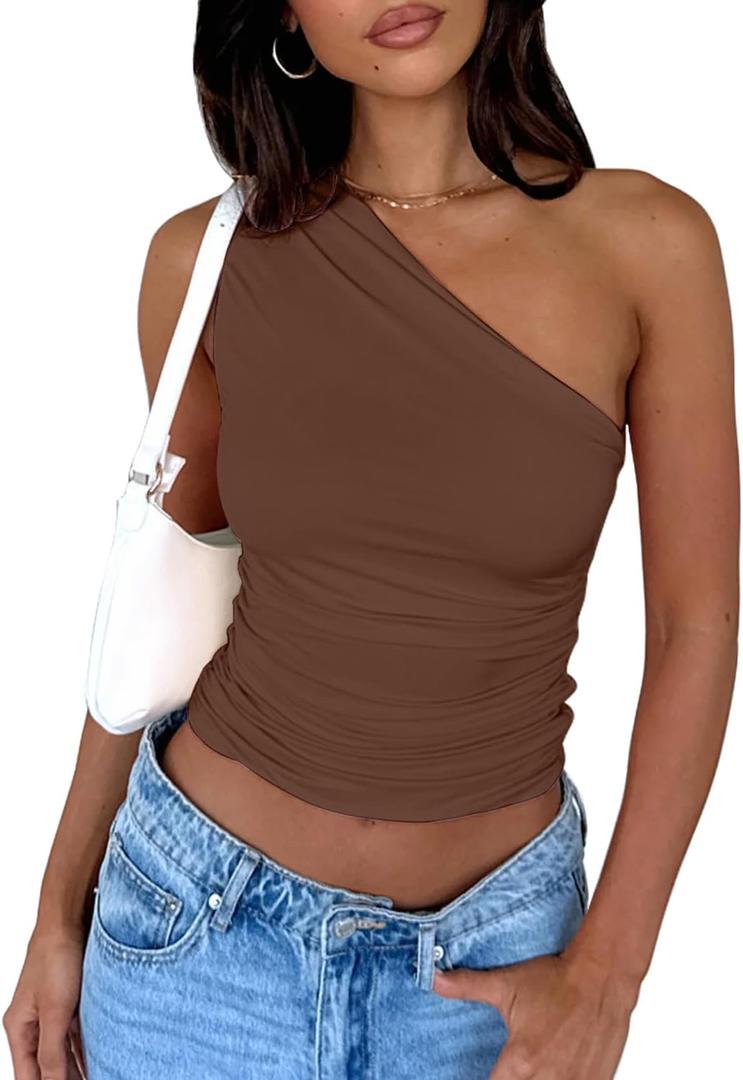 Women's One Shoulder Tank Top Sleeveless Ruched Slim Fit Y2K Basic Going Out Crop Tops (Brown, L)