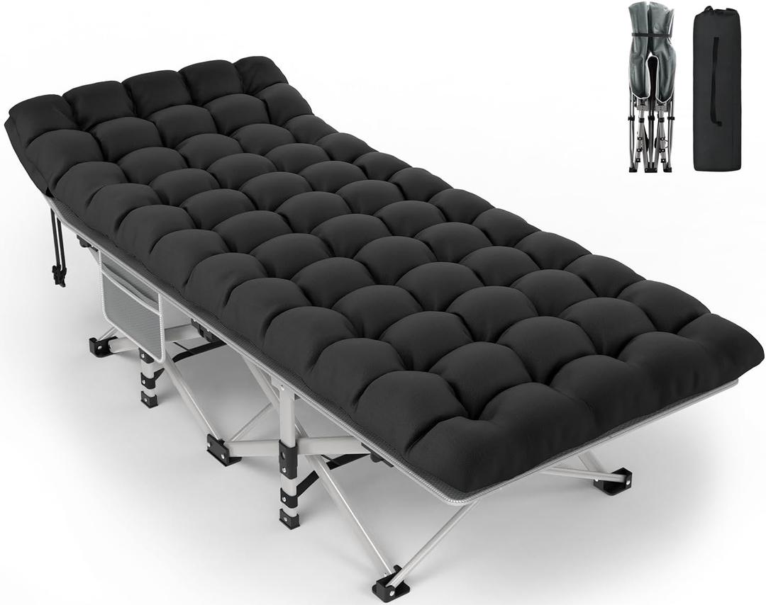 ZENPETIO Camping Cot for Adults, Heavy-Duty Portable Cot Bed with Mattress, Foldable Padded Sleeping Cots for Camping Travel Tent Day Bed Outdoor & Home Guest, Max Load 500 LBS, 75x28x15 (Gray Frame + Onyx Cushion (Updated))