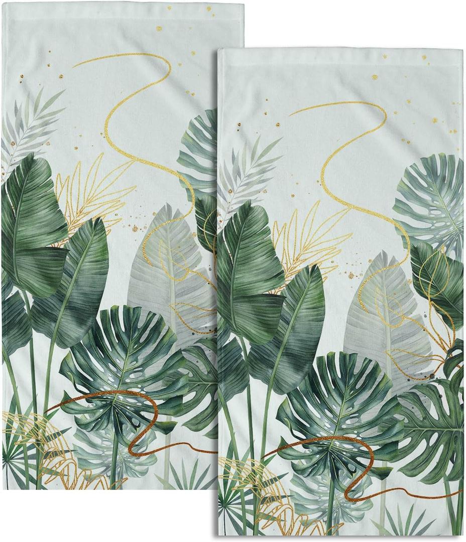 Imiss Palm Leaf Tropical Hand Towel Set of 2,Summer Green Gold Leaves Botanical Kitchen Dish Towels 14.4 x 28.3 Inch Soft Bathroom Guest Towels for Spa Yoga Gym Decor