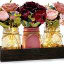 Mason Jar Centerpiece Table Decor for Dining Room Farmhouse Coffee Table Decor with Wood Tray Fairy Lights Fake Flowers for Valentine's Day Kitchen Living Dining Room - Burgundy Pink, 11 inches