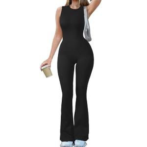 OQQ Women Yoga Jumpsuits Ribbed Crew Neck Sleeveless Bell Bottoms Flare Jumpsuits S