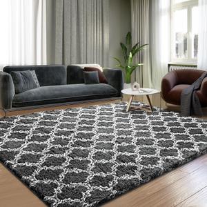 Shag Area Rug 5x7 Feet Extra Soft Rugs for Living Room, High Pile Indoor Carpet for Bedroom, Playroom, Nursery, Home Decor, Geometric, Dark Grey/White (5' x 7' (Rectangular))