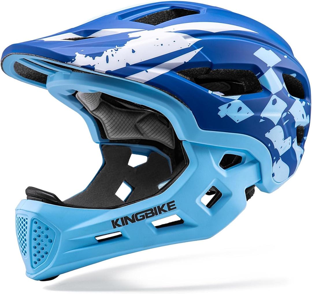 Kids Full Face Helmet Convertible Toddler Bike Helmets with Detachable Chin Guard Boys Girls 4-10 Years Skateboard Scooter Balance Bike BMX MTB Bicycle (Check Flag-Sky Blue)