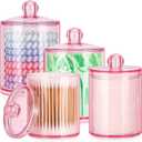 Tbestmax 12 oz & 10 oz Qtip Holder - 4 Pack Restroom Bathroom Organizers and Storage Containers, Pink Plastic Apothecary Jars with Lids for Cotton Swab, Cotton Round Pads, Floss