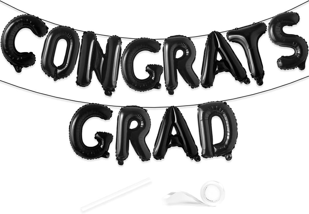 VHUWE Congrats Grad Banner Balloon, 16 Inch Black Congrats Grad Balloons for 2025 Graduation Party Decorations, Graduation Decorations Class of 2025, Congrats Grad Yard Sign 2025 Backdrop