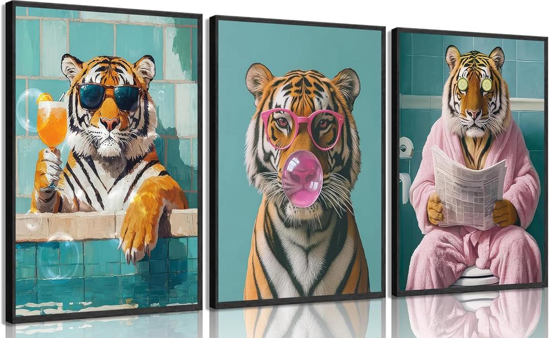 3Pcs Funny Tiger Bathroom Canvas Wall Art Trendy Preppy Tiger Bathroom Wall Decor Prints Fashion Sunglasses Animal Toilet Paintings Pictures for Washroom Toilet Home Decoration 16x24in Unframed