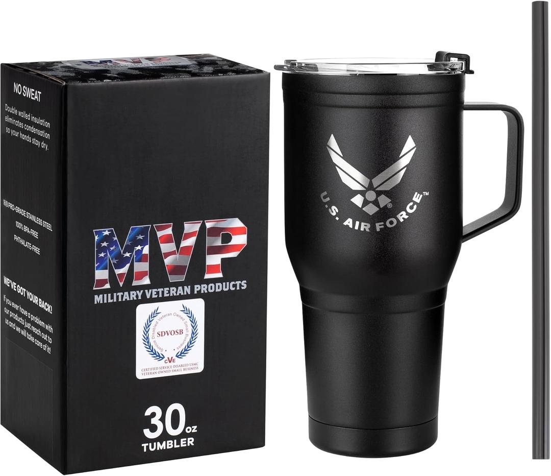 30 Oz USAF Black Double Wall Vacuum Insulated Stainless Steel Air Force Tumbler with Handle | Air Force 30oz w/Handle