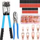 Solsop Battery Cable Crimper Tool for AWG 10, 8, 6, 4, 2, 1/0 Gauge Electrical Lug, Battery Lug Crimping Tool with 60PCS Copper Wire Lugs and Heat Shrink Tubing, Cable Cutter