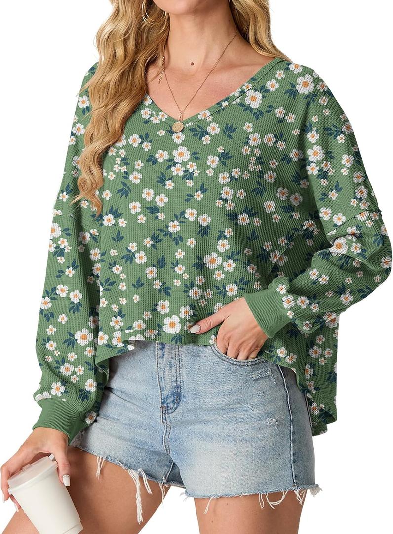 IWOLLENCE Womens Long Sleeve Shirts Oversized V Neck Tunic Tops for Women Waffle Knitted Pullover Sweater Top (Green, L)