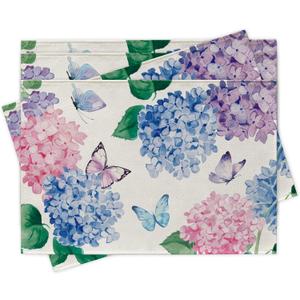 Spring Summer Hydrangea Placemats Set of 4, Pink Blue Purple Flower Butterfly Dining Place Mats Table Decor, Seasonal Floral Home Kitchen Decoration 12 x 18 Inch
