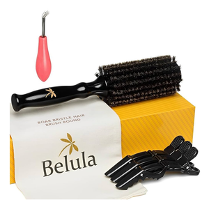 Belula 100% Soft Boar Bristle Round Brush for Blow Drying Set. Round Hair Brush With Small 1.6” Wooden Barrel. Hairbrush Ideal to Add Volume and Body. Free 3 x Hair Clips & Travel Bag.