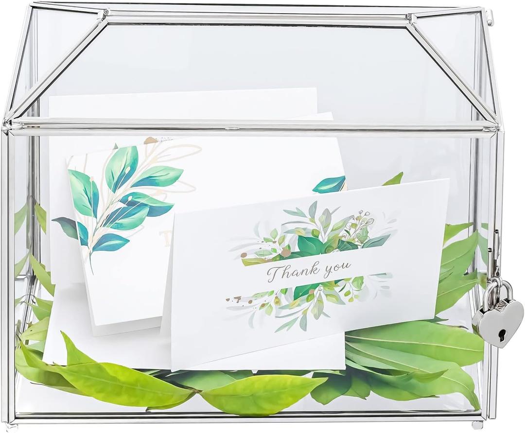 NCYP Small 10.2 x 5.9 x 7.9 Inches Silver Glass Cards Box with Slot and Lock for Wedding, Birthday Party - Geometric Card Holder, Home Decorative, Slot Length 6.3'' (Glass Box Only)