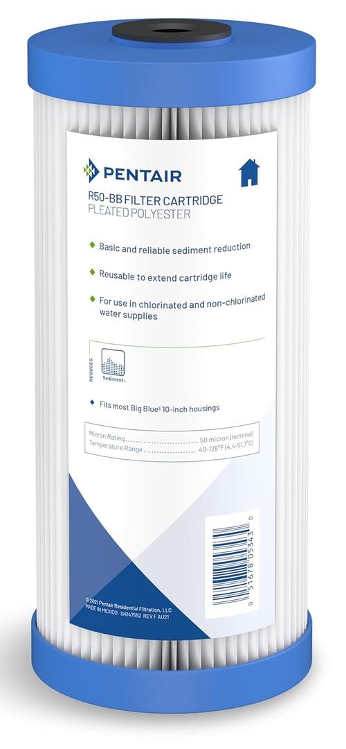 Pentair Pentek R50-BB Big Blue Sediment Water Filter, 10-Inch, Whole House Pleated Polyester Filter Cartridge, 10" x 4.5", 50 Micron